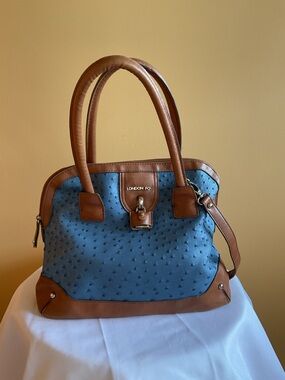 London Fog Blue & Brown Ostrich Print Handbag (Crossbody Strap)